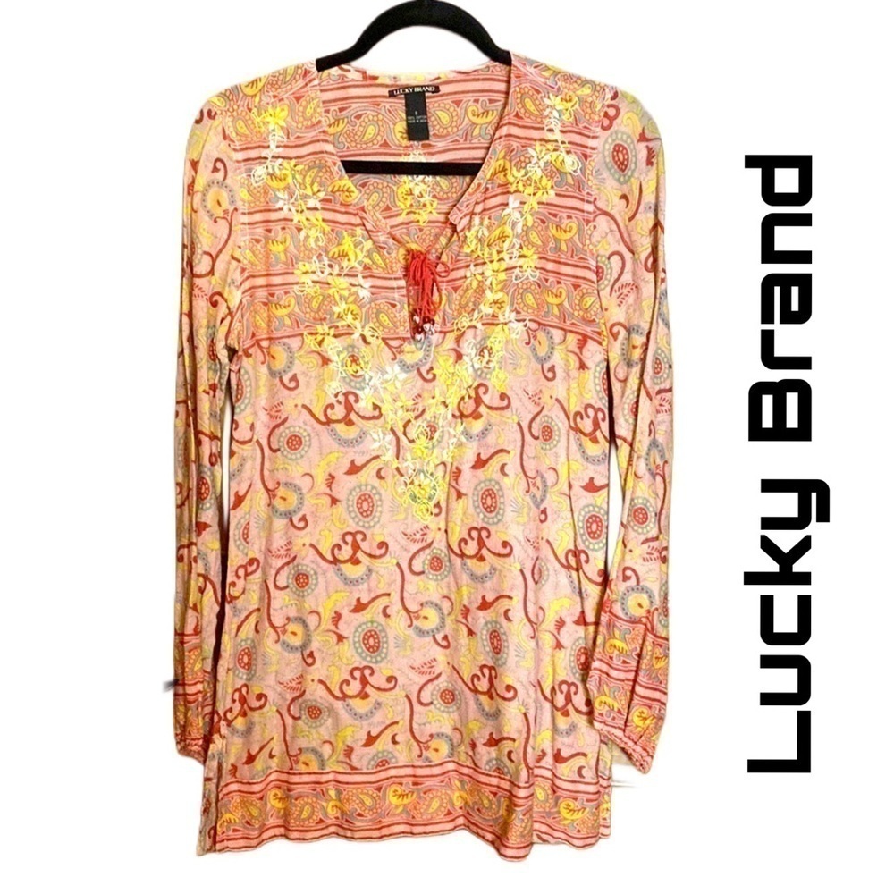 LUCKY BRAND | Boho Embroidered Split Neck Tunic Blouse | Size Small
